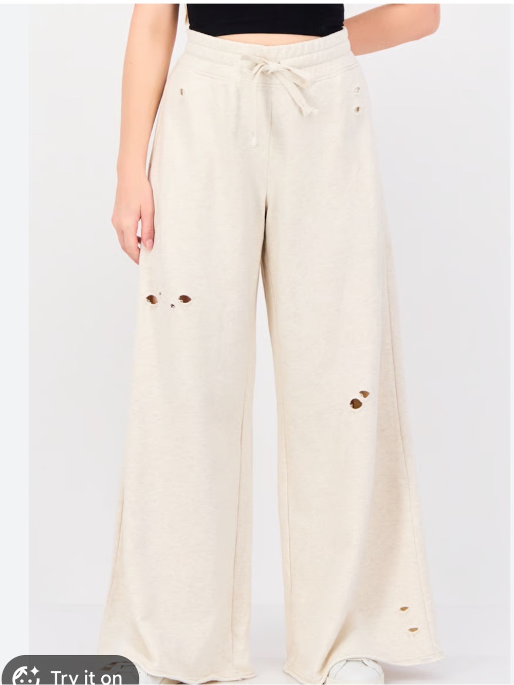 AERIE WOMENS WIDE LEG SWEATPANTS DISTRESSED CREAM MEDIUM
